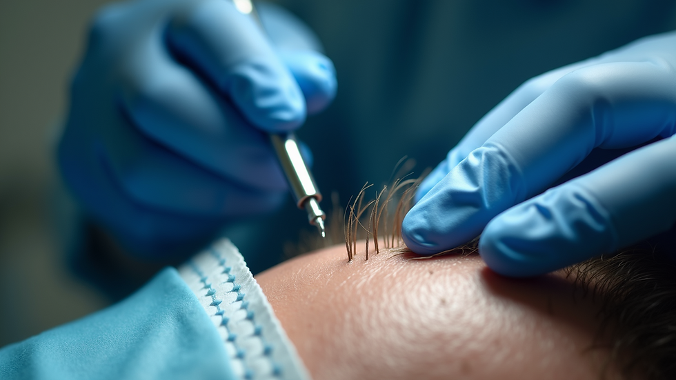 Close-up view of hair follicles being implanted during a hair restoration procedure