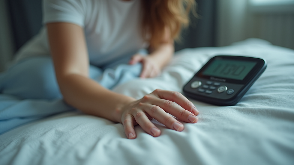 Eye-level view of a person measuring their heart rate in bed