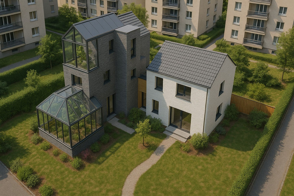maison ville avec serre et panneaux photovoltaïque