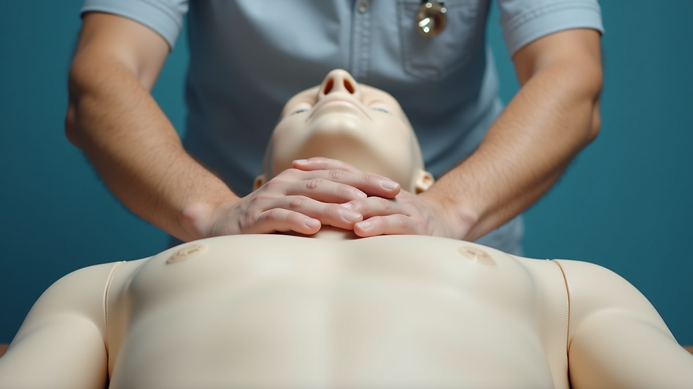 Close-up view of CPR instructor demonstrating chest compressions on a mannequin