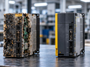 Industrial electronics repair vs replacement showing a damaged industrial drive beside a professionally repaired unit