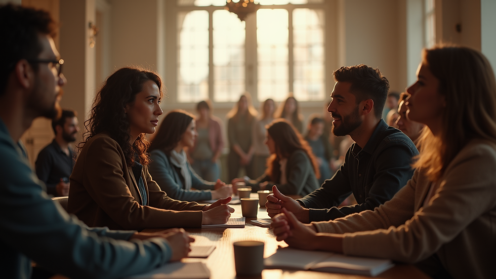 Eye-level view of a group of people engaged in a lively discussion about faith