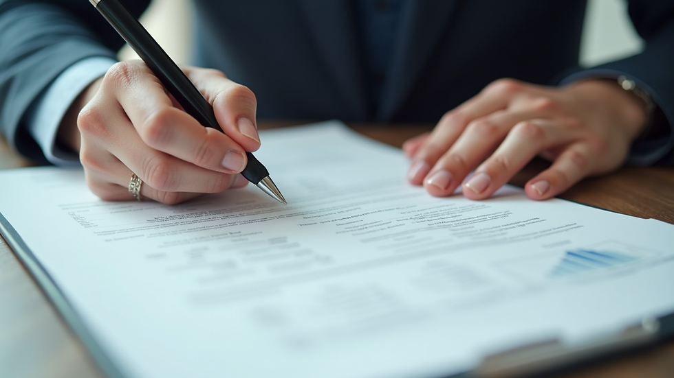 Close-up view of hands reviewing real estate contracts and documents