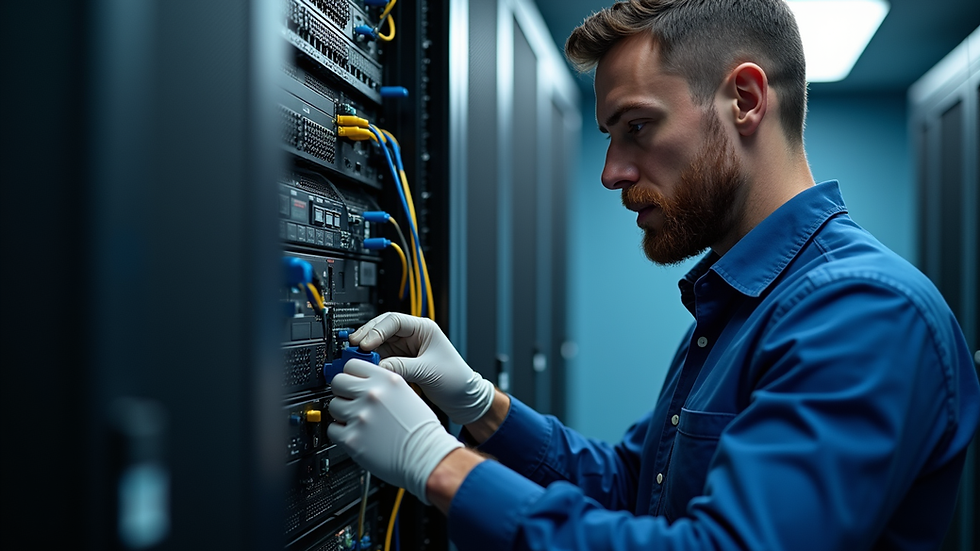 Close-up view of technician installing network hardware in server room