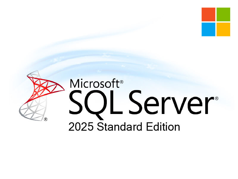 โลโก้ Microsoft SQL Server 2025 Standard Edition พร้อมสัญลักษณ์ไมโครซอฟท์และกราฟิก