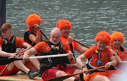 Looe Sea Swimmers taking part in the Looe Raft race, in conjunction with the Looe Pioneers running club.