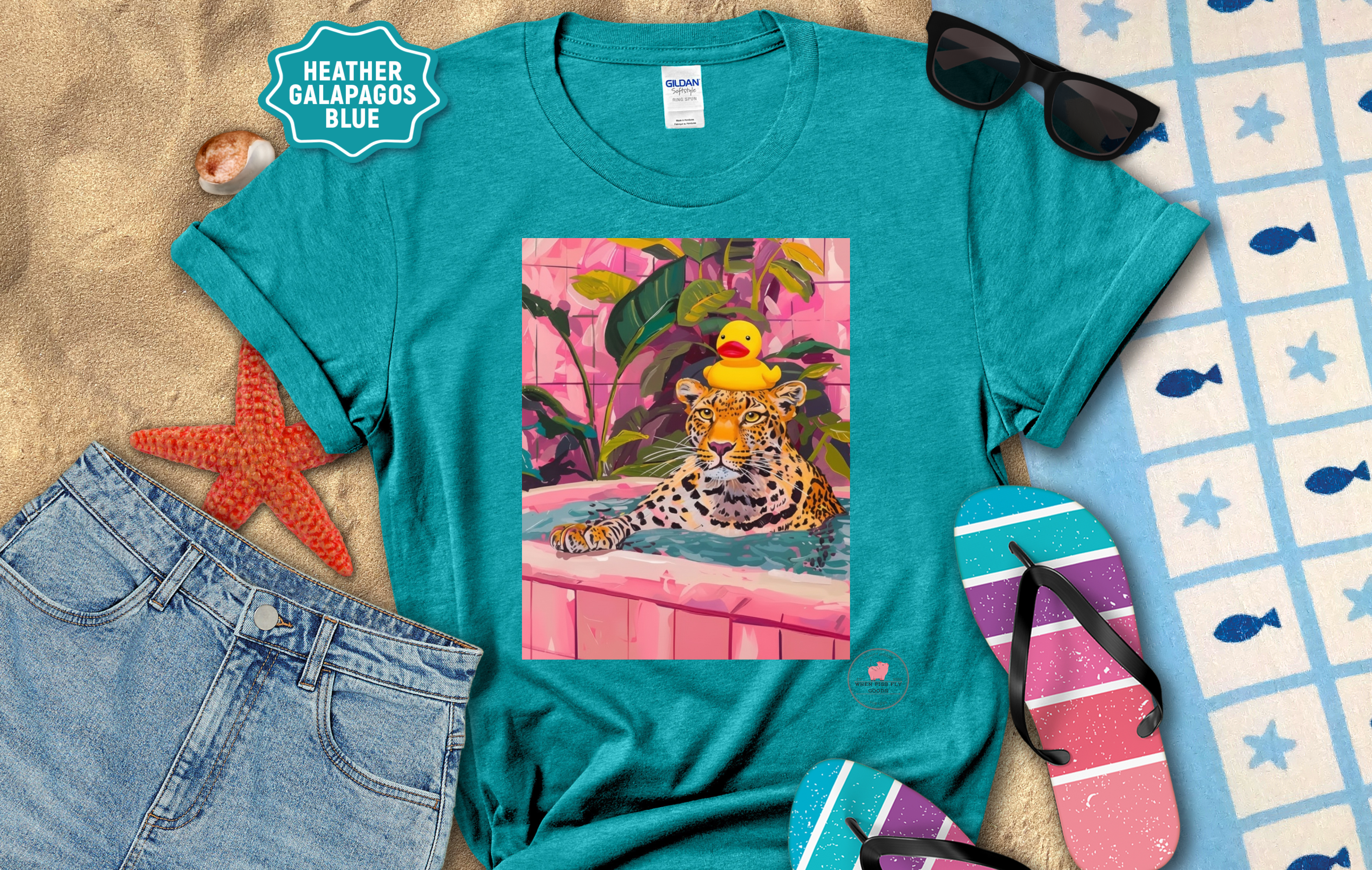 Vibrant Cheetah in Tub w/Rubber Duckie graphic T-Shirt S- 2x