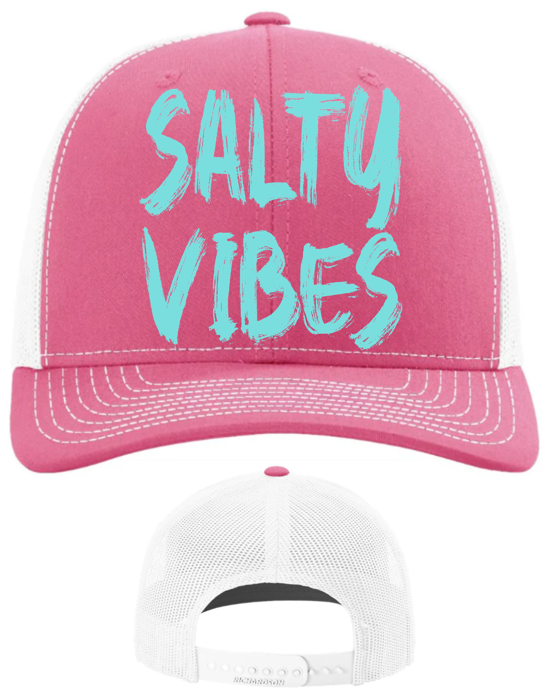 Salty Vibes graphic on Pink & White Hat