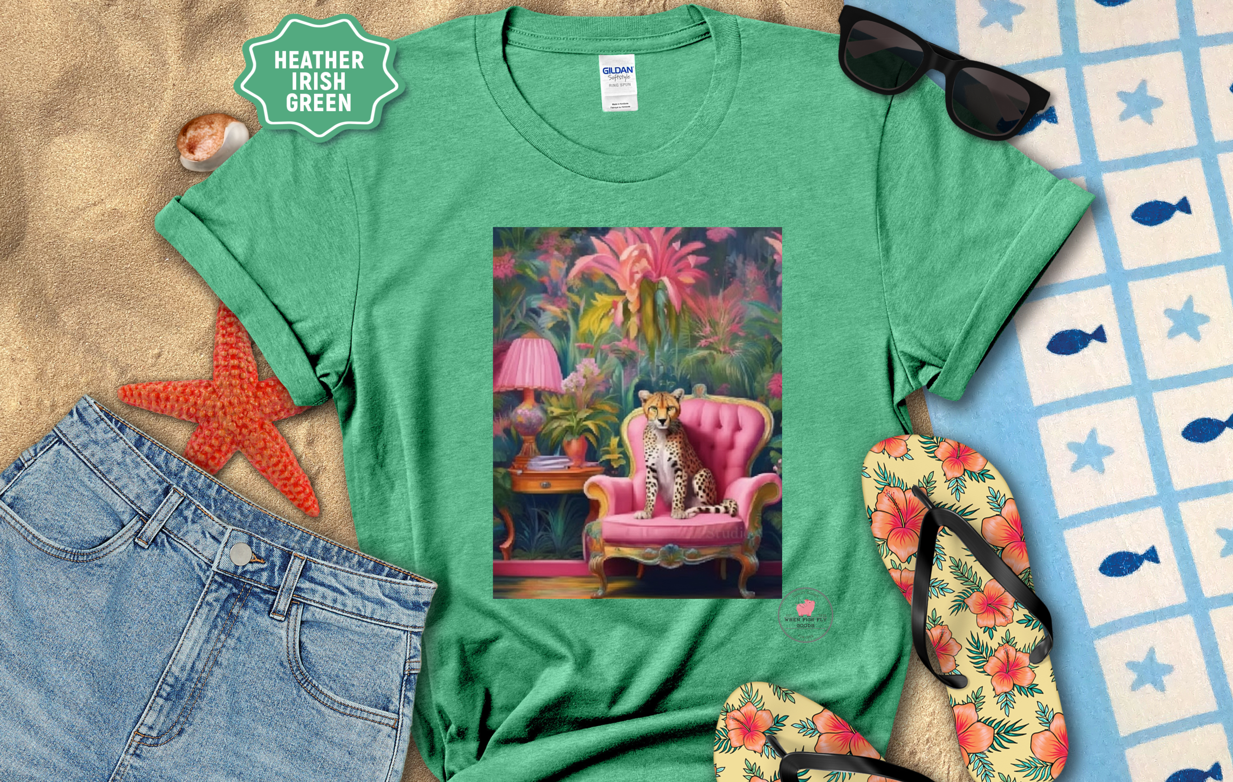 Colorful Cheetah in a Pink Chair Graphic T-Shirt S- 2x