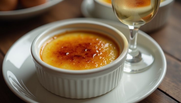 High angle view of caramelized crème brûlée in ramekins with a glass of champagne