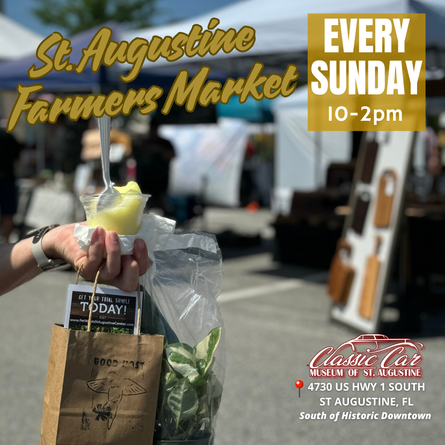 Shoppers browsing local produce, baked goods, and handmade items at the St. Augustine Farmers Market held at Classic Car Museum of St. Augustine on a sunny Sunday morning.