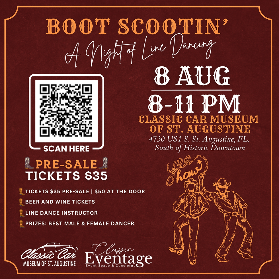 Classic Boot Scootin' – A Night of Line Dancing event graphic featuring the August 8 event date, dancing boots, event details, and a QR code to purchase tickets at Classic Eventage inside the Classic Car Museum of St. Augustine.