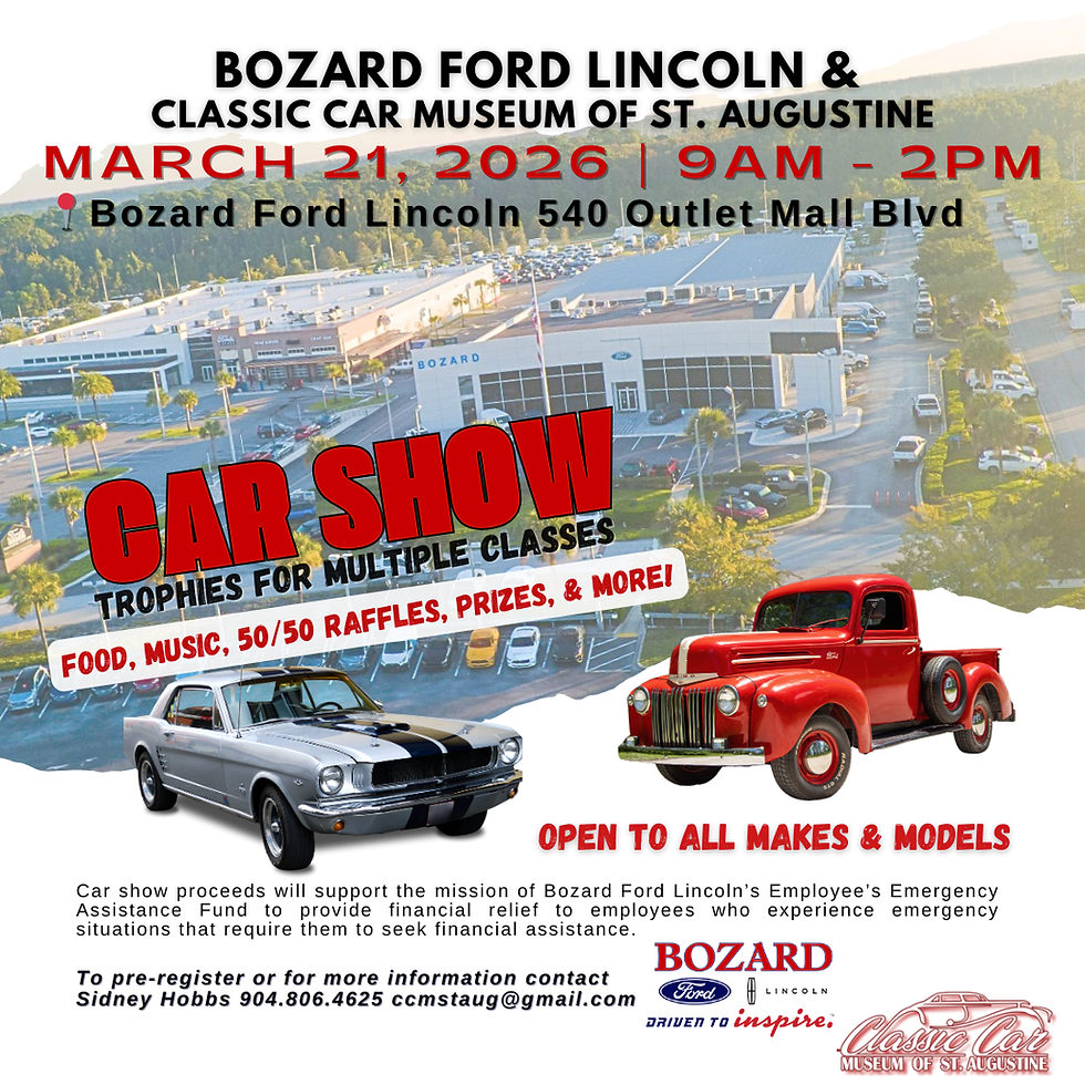 Car show flyer for March 21, 2026, at Bozard Ford Lincoln. Features classic cars, trophies, food, music, raffles, prizes. Open to all makes.