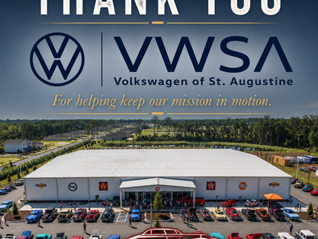 Aerial view of Classic Car Museum of St. Augustine with a "Thank You" message recognizing Volkswagen of St. Augustine (VWSA) for helping keep the museum's mission in motion as a community sponsor.