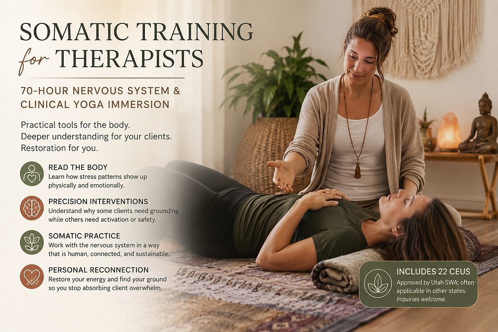 Hybrid 70-hour somatic yoga training for international therapists and clinicians offering virtual CEUs