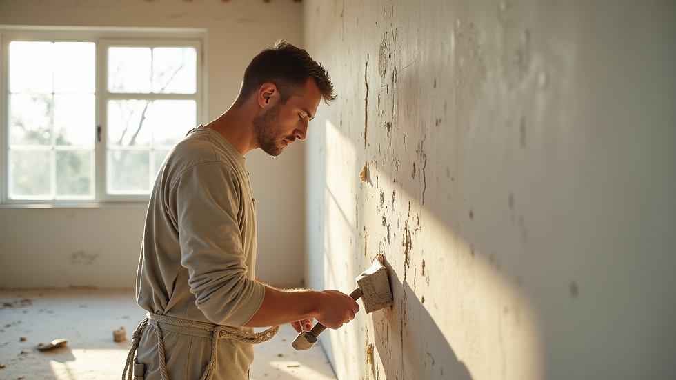 Eye-level view of artisan applying plaster on wall