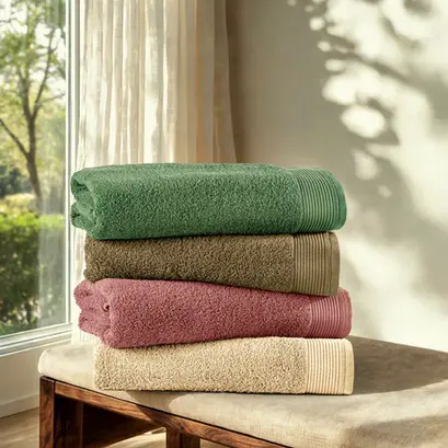 Toalhas de banho dobradas em diferentes cores sobre mesa de madeira em ambiente iluminado para catálogo e e-commerce têxtil.