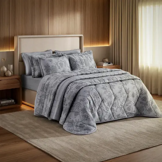 Enxoval floral cinza fotografado em quarto sofisticado com iluminação suave e ambientação elegante para catálogo têxtil.