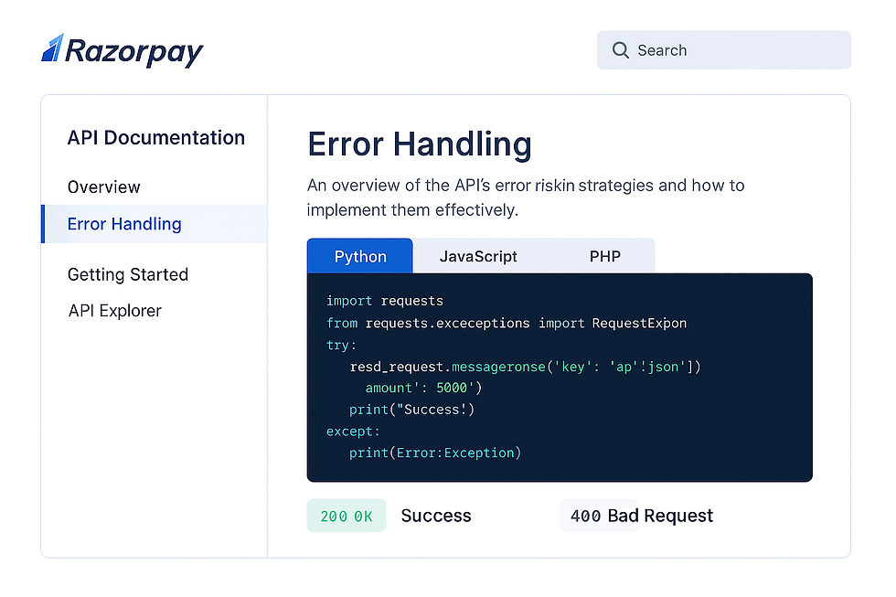Premium API documentation interface mockup showing multi-language code examples, interactive explorer, and developer-friendly design elements