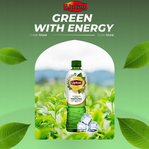 Lipton Matcha Ginger & Lemongrass Green Tea bottle on a tea‑field background with ice cubes, promoting zero‑calorie energy boost