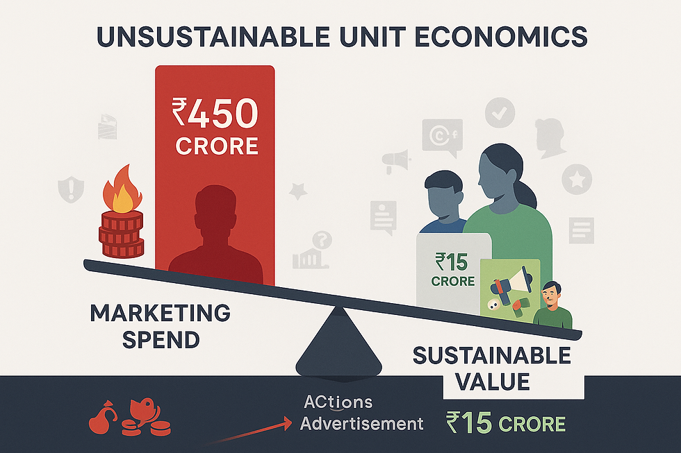 Unit economics breakdown chart showing BYJU's unsustainable marketing spend versus actual value creation in EdTech business model