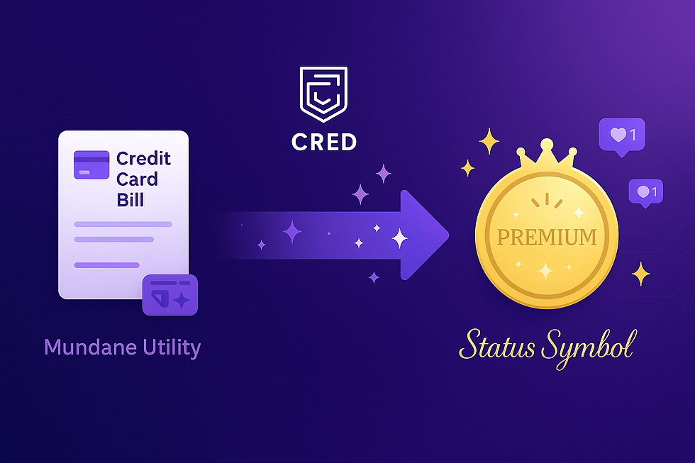CRED status symbol transformation diagram showing bill payment utility becoming premium membership status