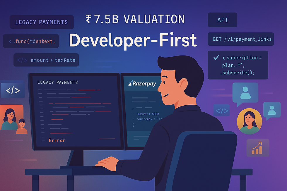 Developer-first marketing hero image showing clean Razorpay API documentation vs complex legacy payment systems leading to 7.5 billion valuation