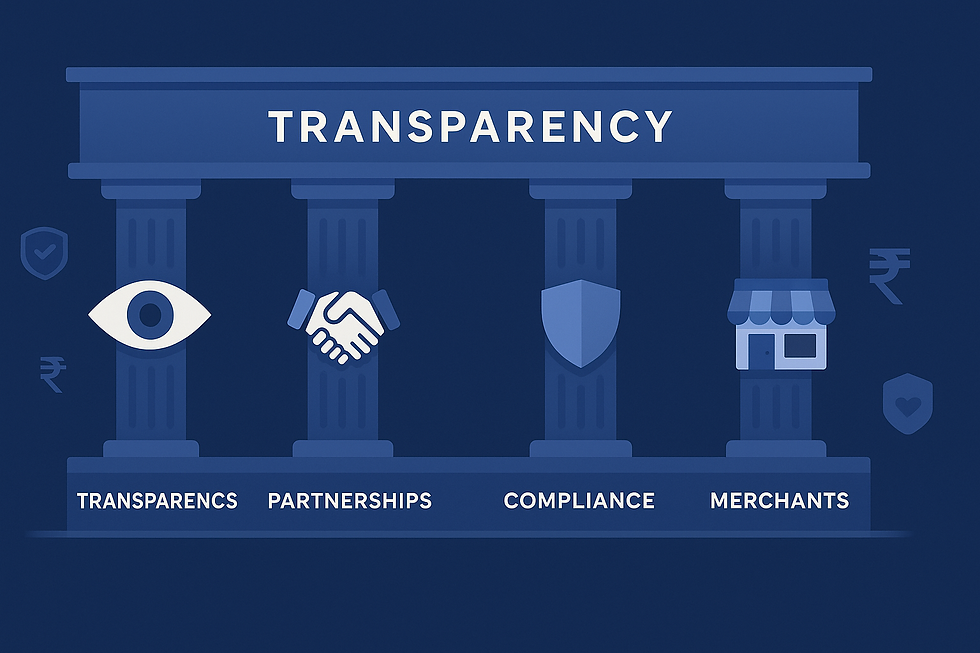 Four pillars of Paytm's marketing recovery strategy diagram showing transparency, partnerships, compliance and merchant focus