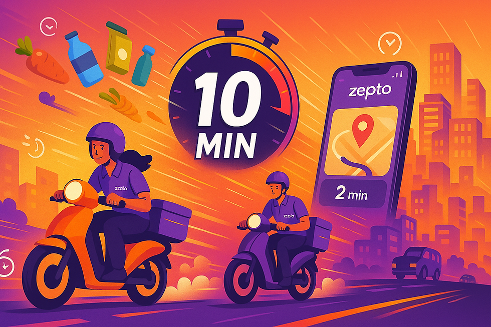Zepto 10-minute delivery illustration showing fast grocery delivery revolution in Indian urban markets