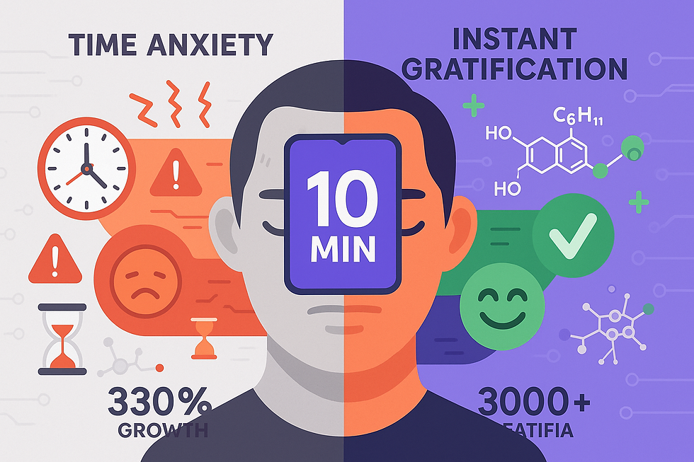 Psychology of time anxiety illustration showing consumer behavior transformation through instant gratification