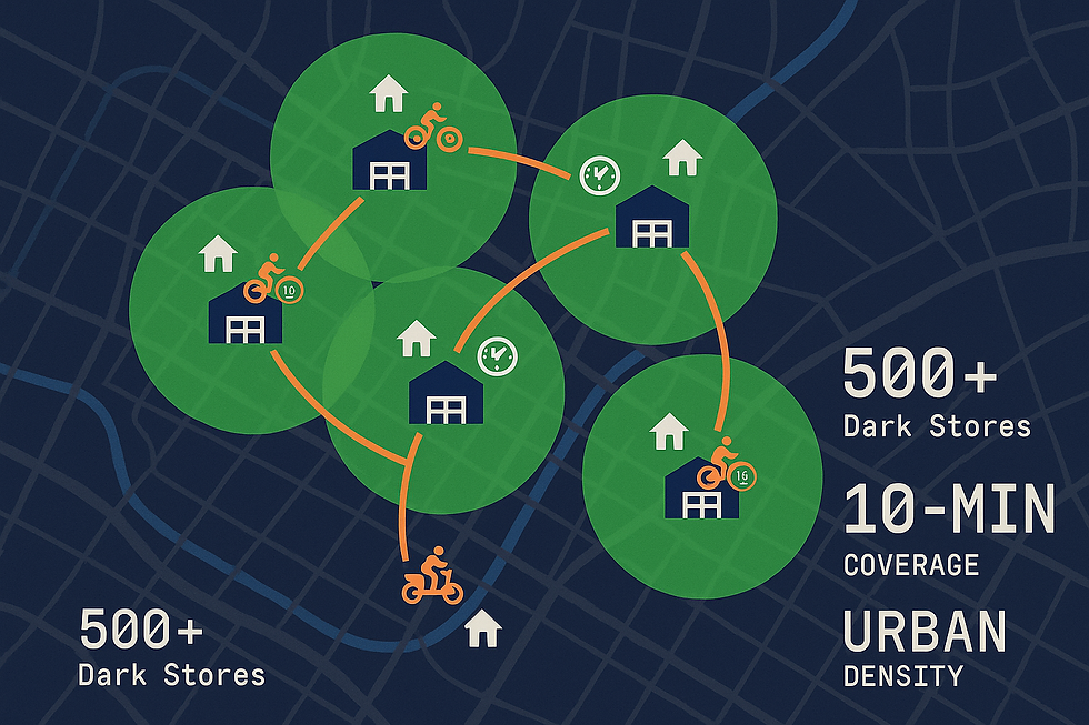 Dark store network strategy diagram showing Blinkit's inventory proximity model for 10-minute grocery delivery coverage