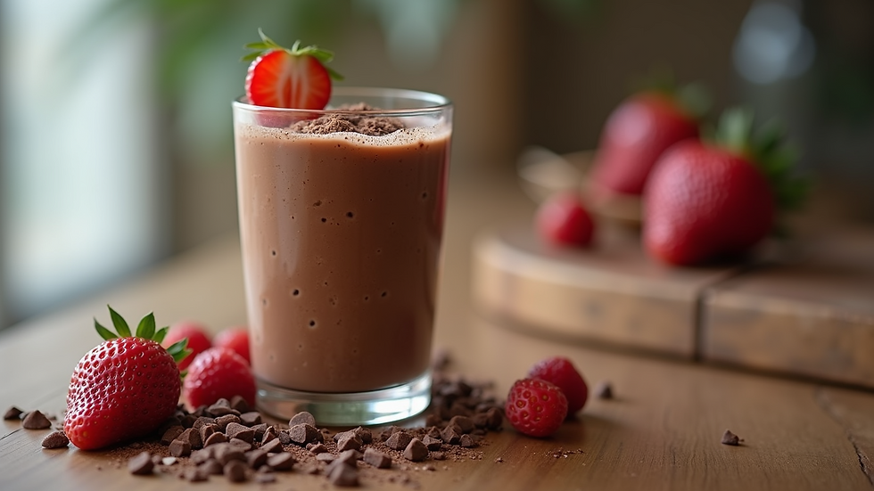 Eye-level view of a rich chocolate protein smoothie