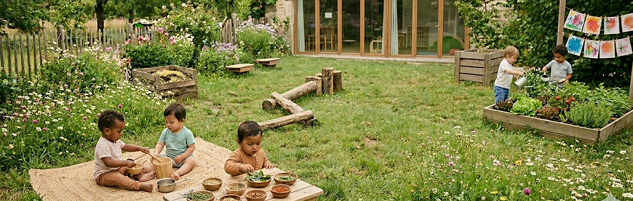 Activités sensorielles et artistiques dans le grand jardin de la crèche