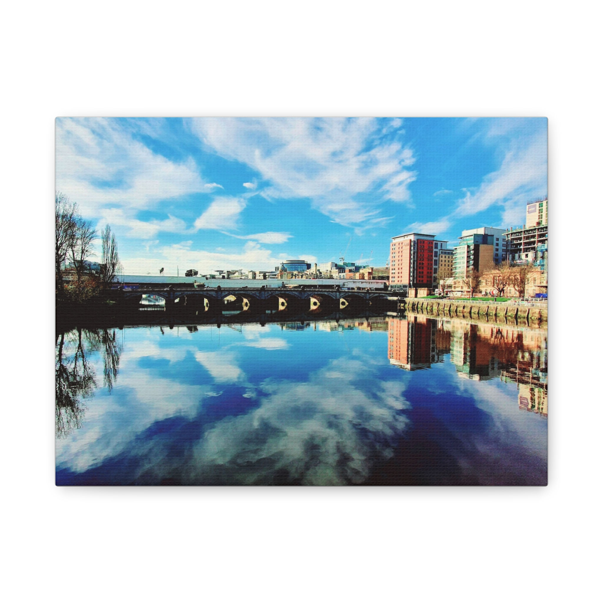 City River Reflection Canvas Print — Blue Sky Urban Landscape Wall Art
