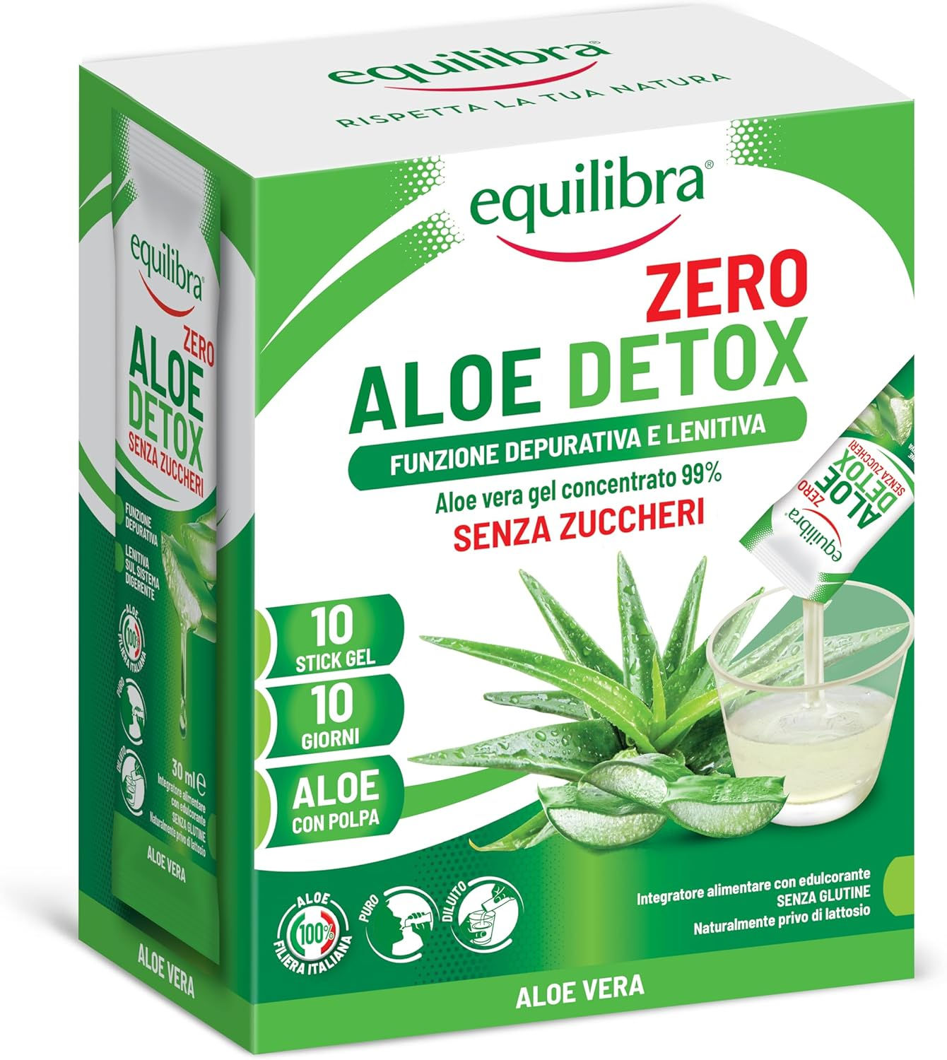 Equilibra Aloe Detox Zero, Aloe Vera Gel Concentrato 99%, 10 stick
