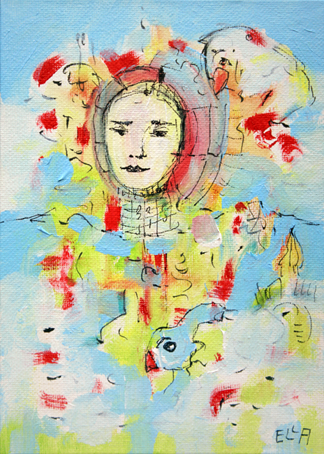 Space Traveler with Two Birds - Mystic and Abstract Expressionism by Ella Blame
