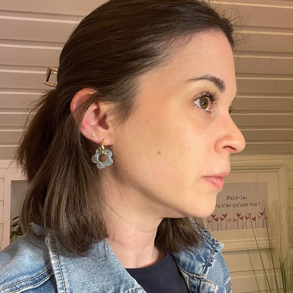 Femme portant une boucle d’oreille fleur en résine argentée pailletée, montée sur un anneau doré. Un bijou éclatant et sophis