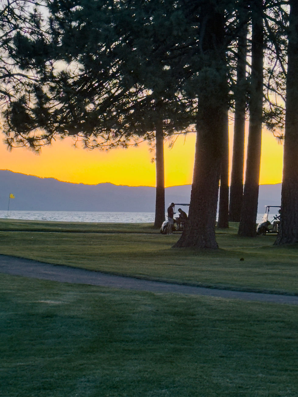 Sunset over Lake Tahoe as seen from Edgewood Golf Course, with the vibrant sky reflecting off the calm water and silhouetted pine trees framing the view.