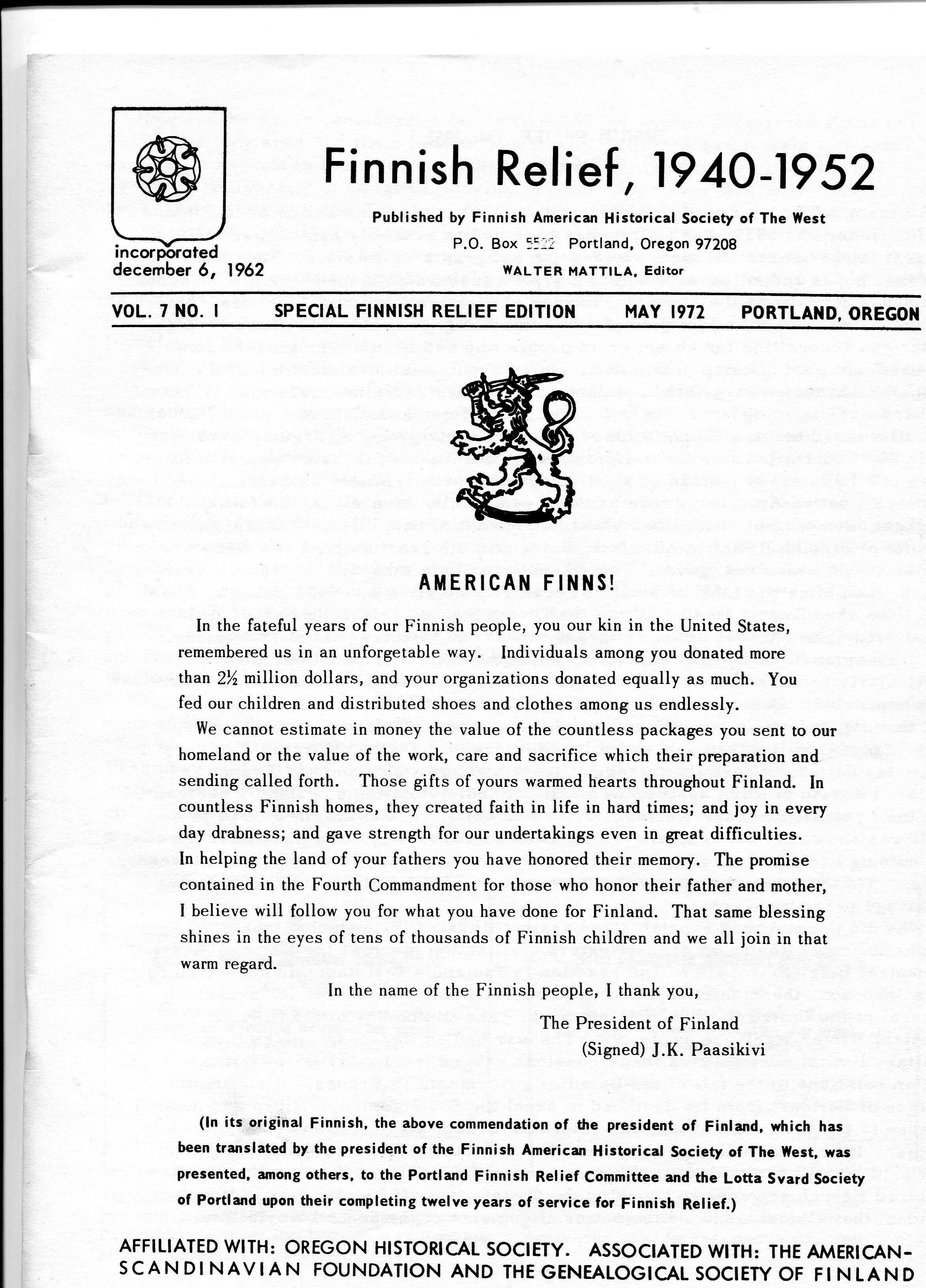 Finnish Relief, 1940-1952