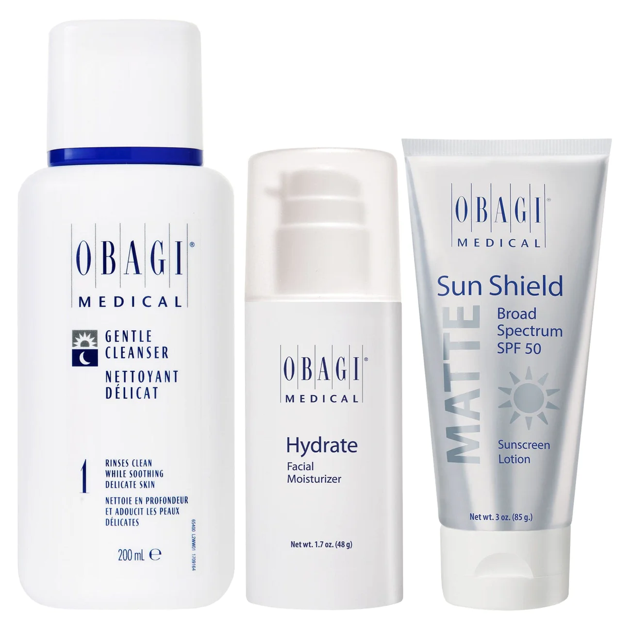 Obagi skincare starter package. Ideal for sensitive skins. It contains a gentle cleanser, hydrating moisturiser and an SPF 50 sunscreen.