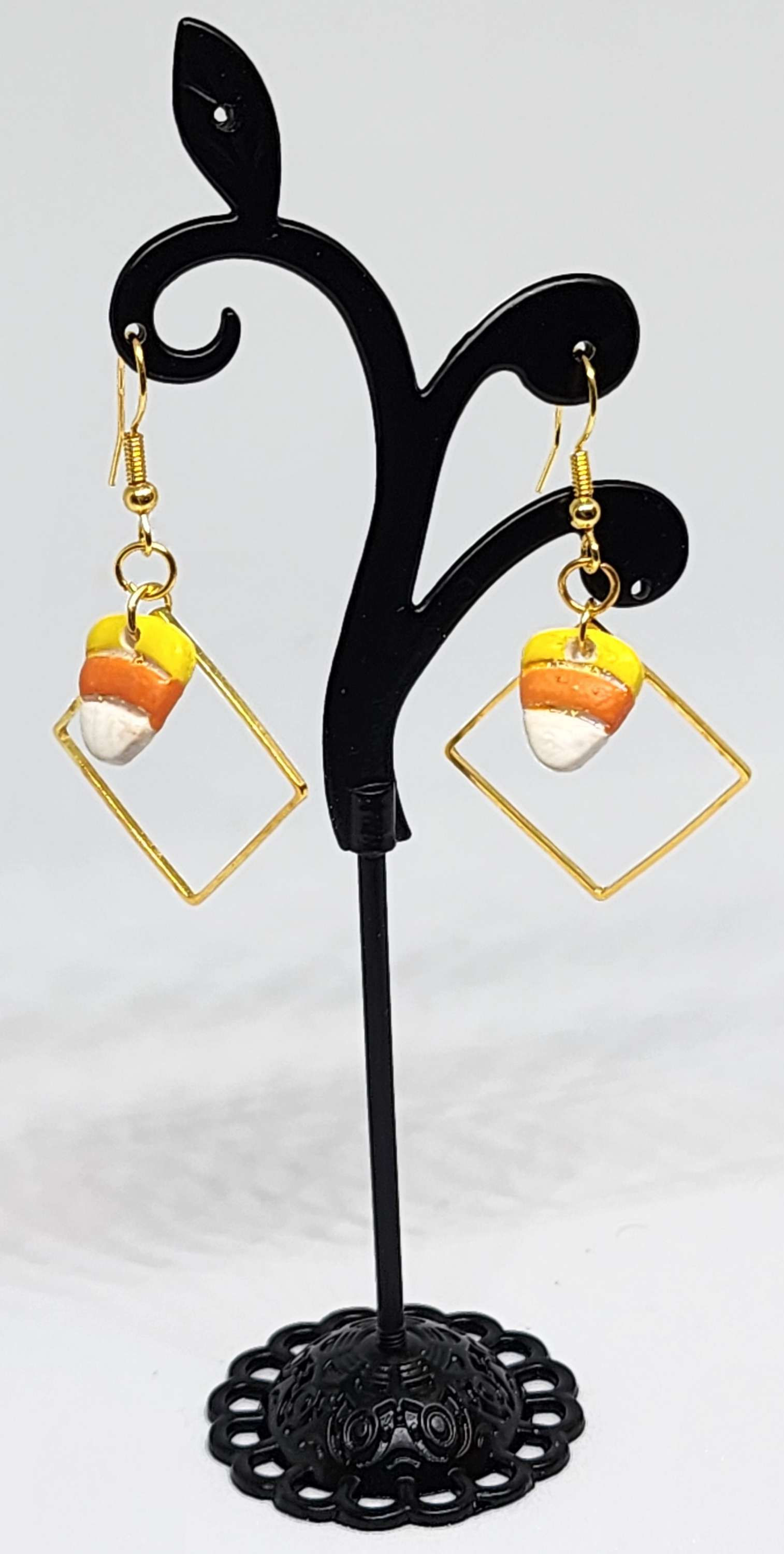 Candy Corn Dangle - White Background, Embellished with Gold Findings 
