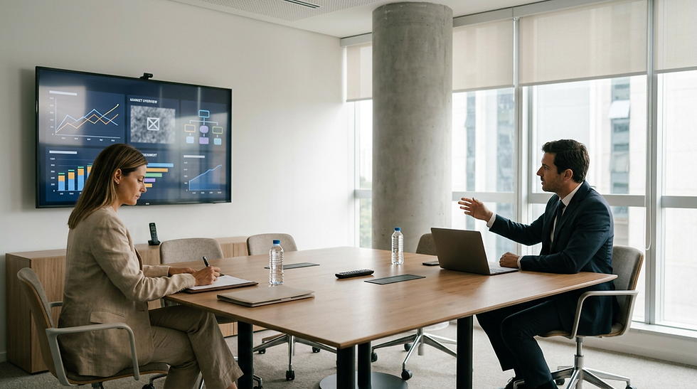 Avaliador discretamente observando uma reunião comercial B2B entre vendedor e potencial cliente corporativo