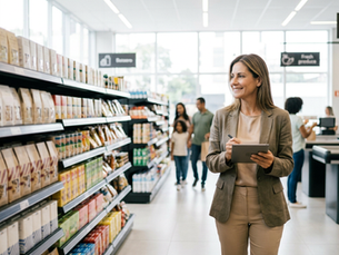 Gestora de experiência do cliente percorrendo corredor de supermercado com tablet, avaliando a organização das gôndolas