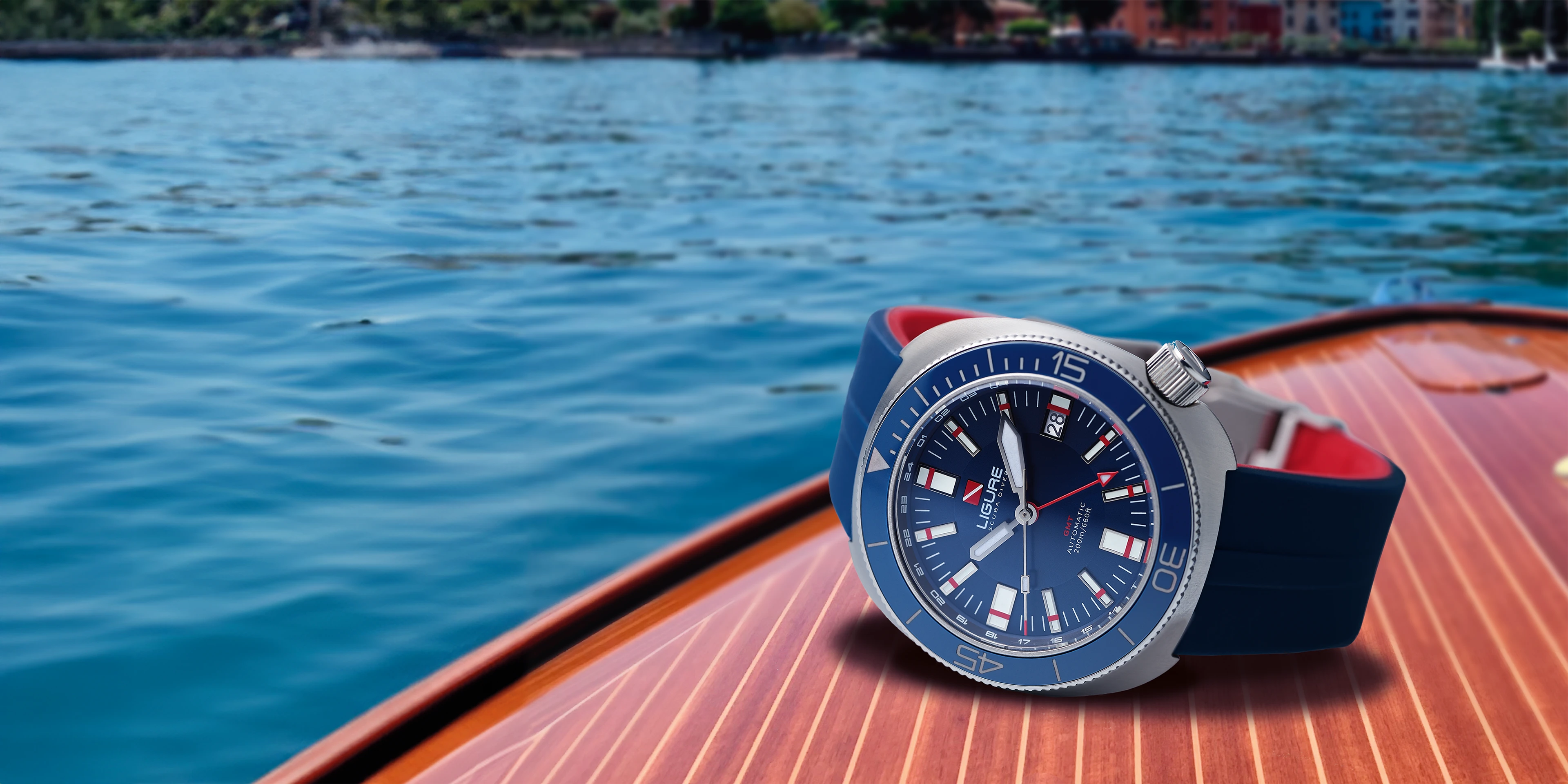Wide shot of the Ligure watch collection against a stone background