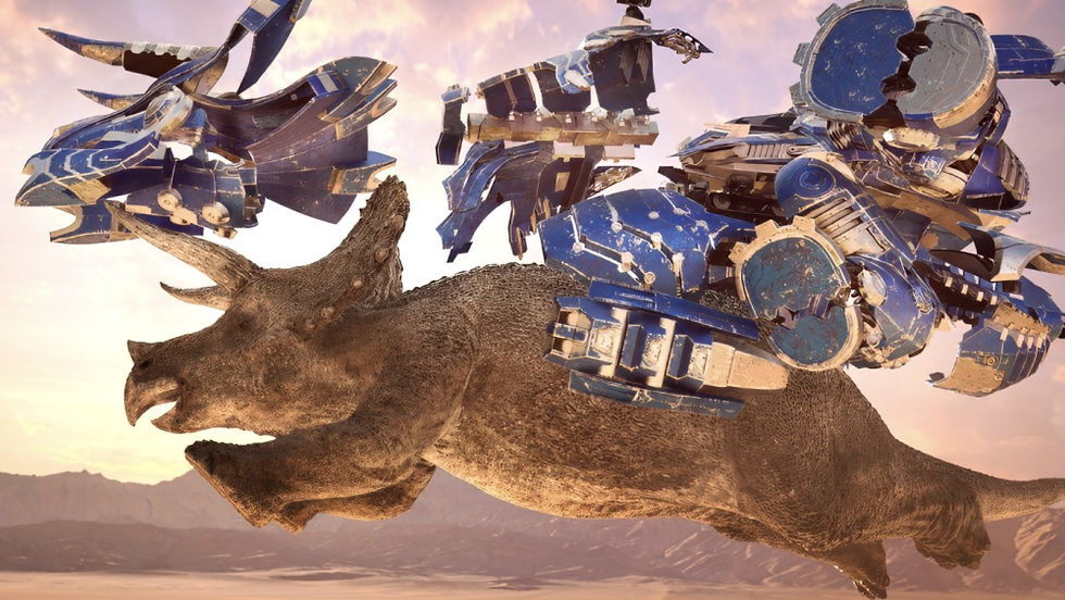 A triceratops, looking like it's running or flying through the air, is surrounded by blue armor pieces in 'Armorsaurs'.
