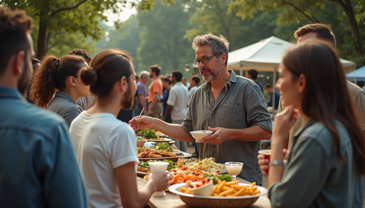 High angle view of a neighborhood community event with people chatting and sharing food outdoors