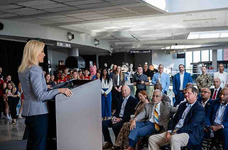 Jacksonville Mayor Donna Deegan speaking at a press conference on Wednesday, September 17, 2025, announcing the reloaction of the FHSAA Basketball Championships to Jacksonville beginning in 2026. (Photo: Michael Hornstein for Jacksonville Sports Foundation)