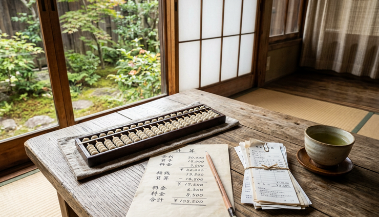 Wide-angle view of a wooden table with an abacus, handwritten numbers, and neatly stacked receipts.