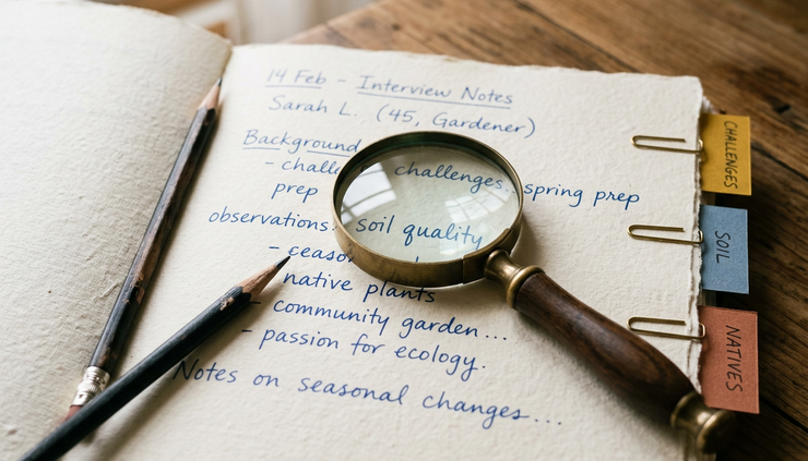 Close-up view of a magnifying glass beside handwritten interview notes on textured paper