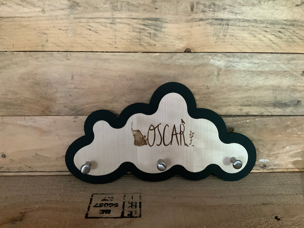 Geboorte kadootje gebaseerd op het geboortekaartje. Een wolk uit zwarte acryl en hout, afg